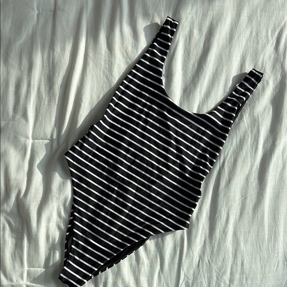 Aerie Black and White Striped One Piece Swimsuit